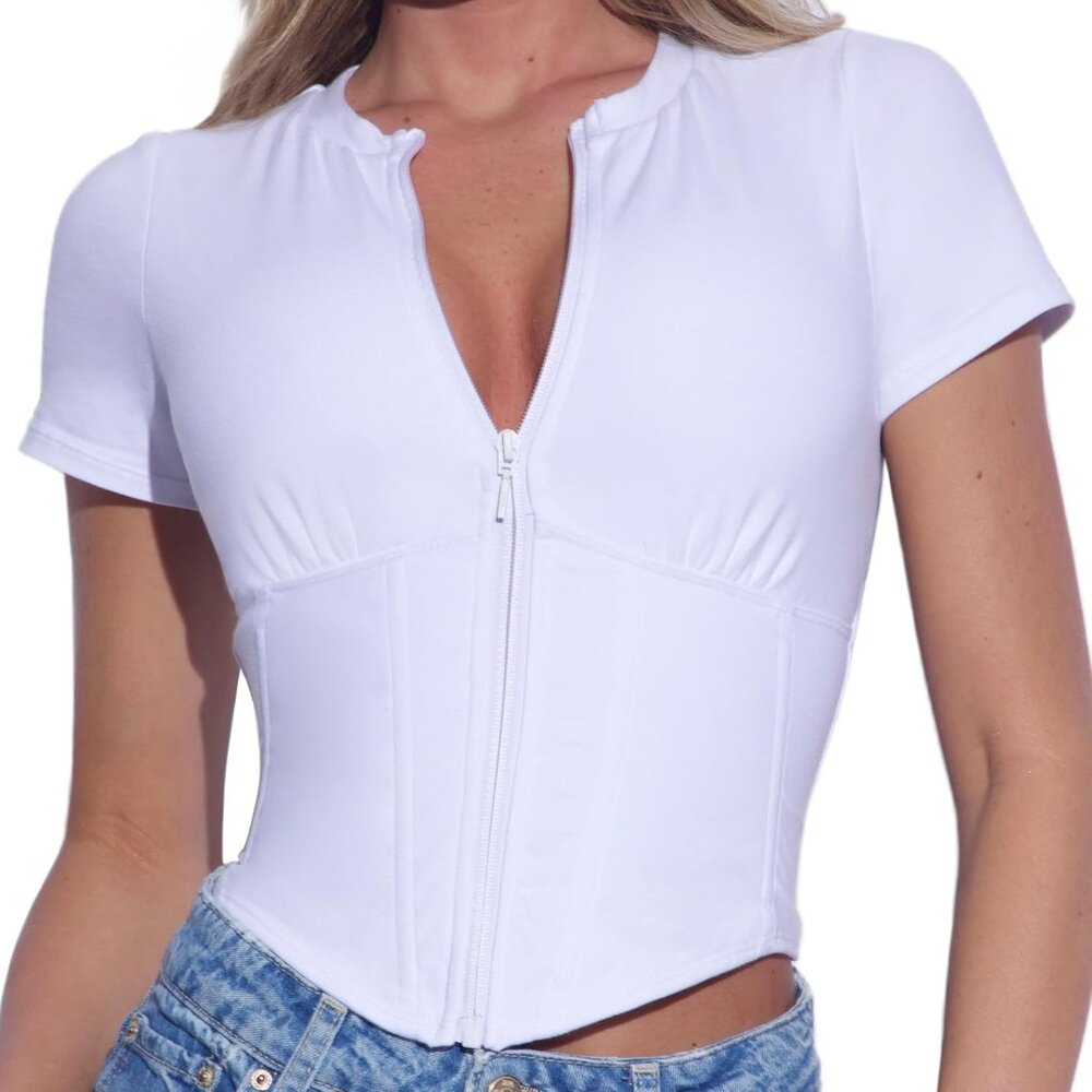 TA3 Short Sleeve Corsety Top for Women Full Separating Zipper  A to H Cup